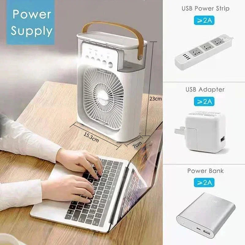 Air Cooler 3-in-1 – Portable Fan, Humidifier & LED Night Light | USB Powered Mini AC for Home, Office & Travel